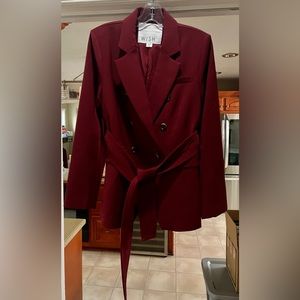 Burgundy double breast blazer with self tie belt
